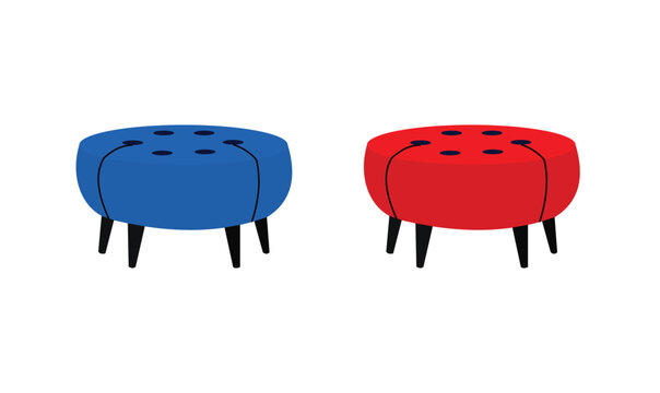 Blue and red round ottomans or footstools with black legs flat vector illustration
