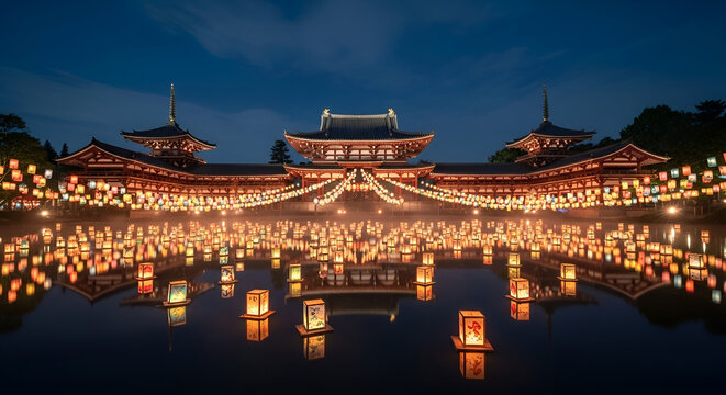 Japanese temple illuminated by traditional lanterns reflecting on a serene pond at twilight