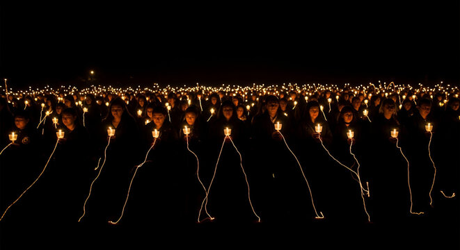 Large group of people holding candles at night during a solemn vigil or ceremony illuminated by candlelight