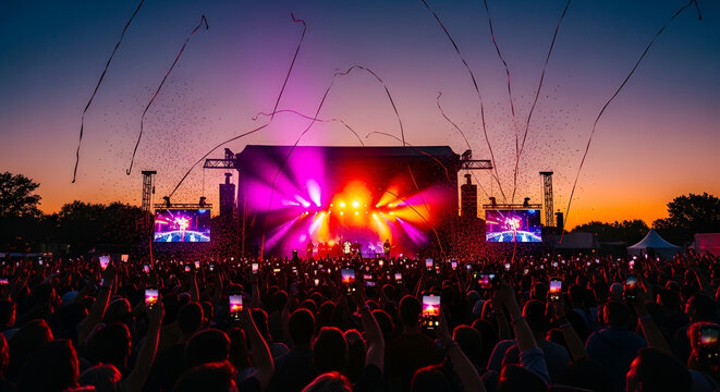 Live concert crowd with hands up at sunset illuminated by stage lights and confetti
