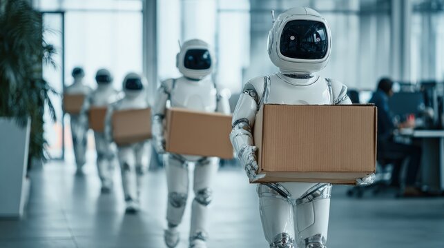 Robots marching in a futuristic office environment, carrying cardboard boxes in a high-tech modern office space.  ..Created with Generative AI, not depicting real subjects.