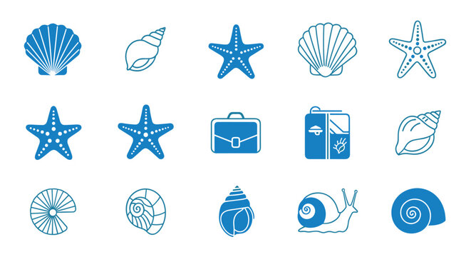 Blue graphic icons of various marine elements such as shells and starfish alongside a business briefcase and a travel suitcase for summer themes.