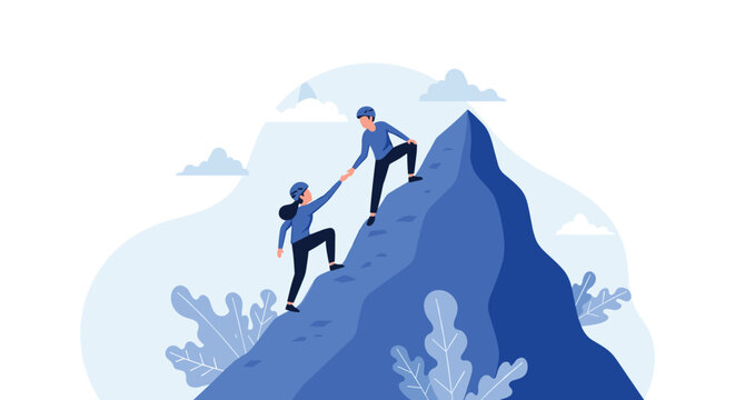 Conceptual illustration of teamwork and cooperation showing one mountain climber reaching down to pull another person up toward the snowy peak.