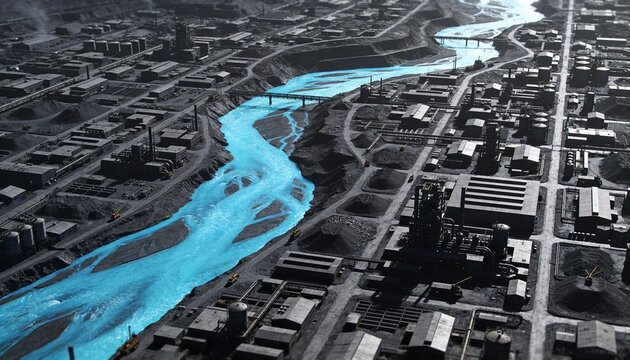 Showing vivid cyan-blue river winding through industrial valley, with bridges, plants and trucks