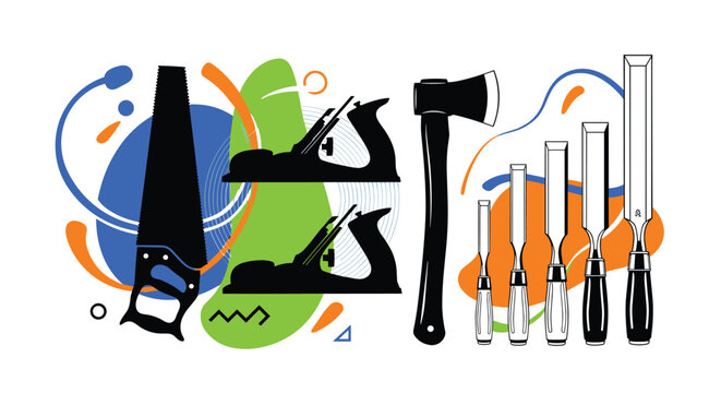 Modern graphic illustration of traditional woodworking tools including a handsaw, axe, hand planes, and a set of chisels for carpentry.
