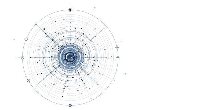 Intricate technical drawing of a circular scientific diagram or abstract map featuring concentric rings, connecting lines, and data points.