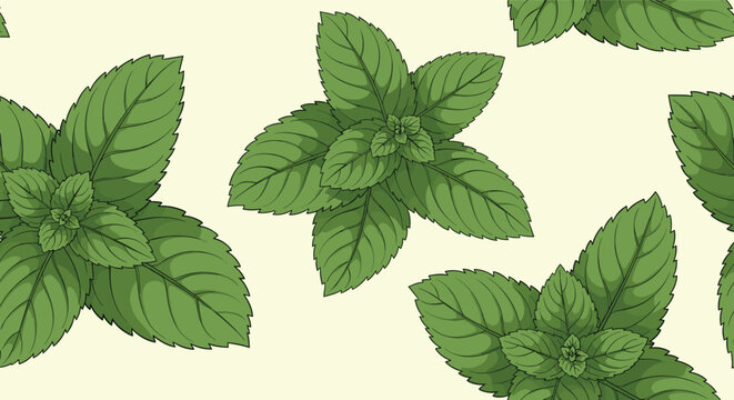 Refreshing seamless pattern of vibrant green mint leaf sprigs displayed against a pale yellow background for nature and herbal themes.