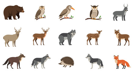 Obraz premium Set of fifteen wild animal and bird icons including bear, deer, wolf, owl, fox, and hedgehog in a realistic flat illustration style.