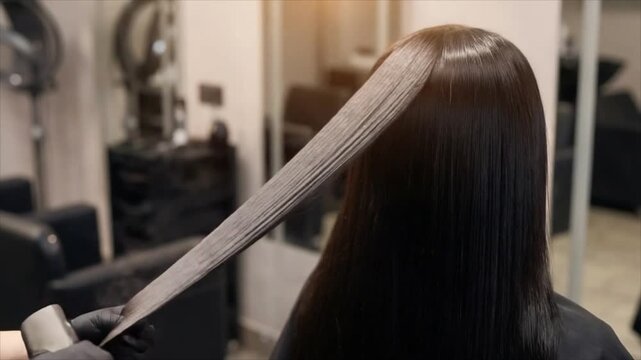 Hairdresser straightening long dark hair of a woman with a flat iron. Stylist using tool for thermal styling to smooth strands in a beauty salon treatment.