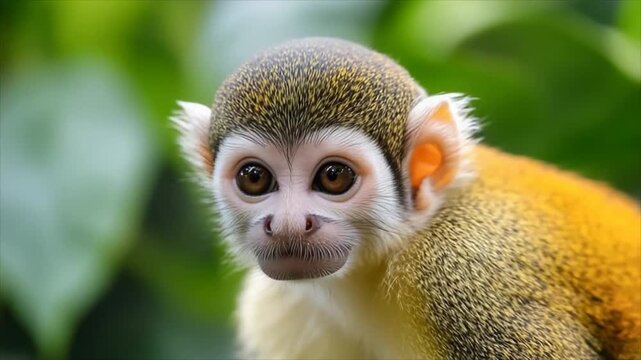 Squirrel monkey looking directly into camera lens. Close up wildlife study of small primate in jungle habitat. Detailed animal portrait for nature education topic.