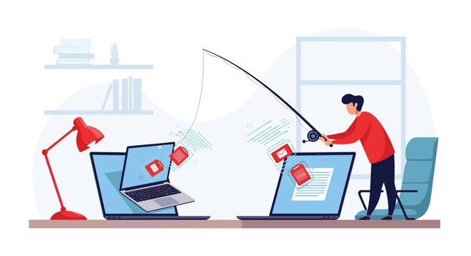 Conceptual illustration of cyber security and phishing showing a hacker using a fishing rod to steal data files from a laptop computer.