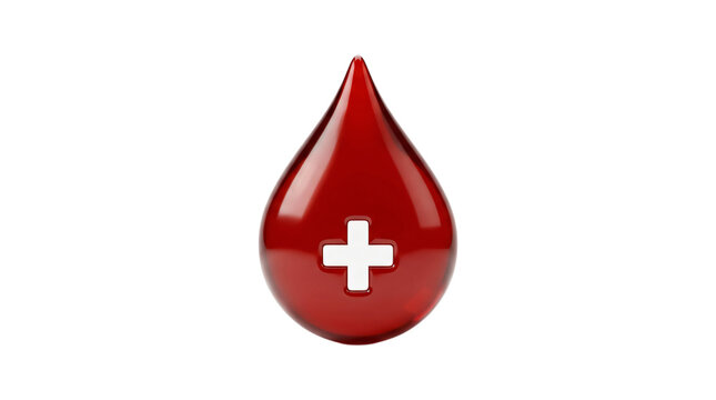 Red blood drop with a white cross on a plain white background symbolizing medical and health concepts