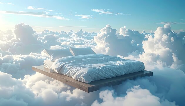 Serene Floating Bed Amidst Fluffy Clouds.