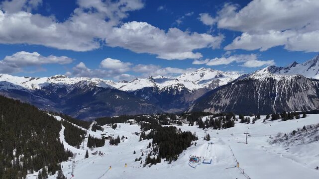 Aerial view of Courchevel ski resort by winter, French alps, France