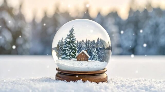 Enchanting snow globe with miniature cabin and pine trees in a winter forest scene