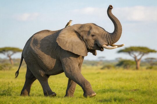 Elephant with bird on its back in grassland