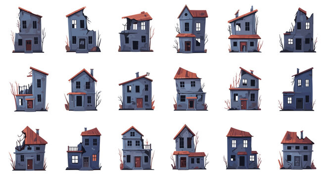 Set of abandoned and ruined house illustrations depicts various stages of decay and damage for post-apocalyptic game environment designs.