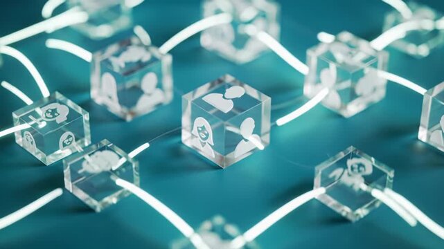 minimalist polished acrylic blocks with debossed diverse person icons, interconnected by glowing light blue lines on a muted modern background. soft studio light. dolly in, pan, macro. concept of
