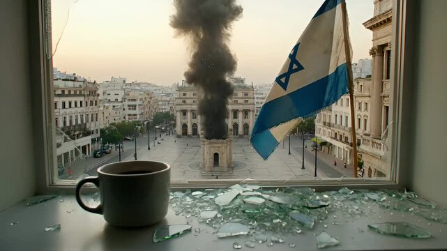 view from a broken window of a city square with smoke from a conflict and flag of israel