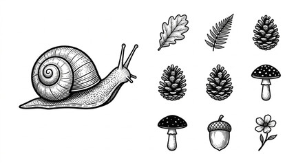 Snail on leaf with forest objects. © Rizky