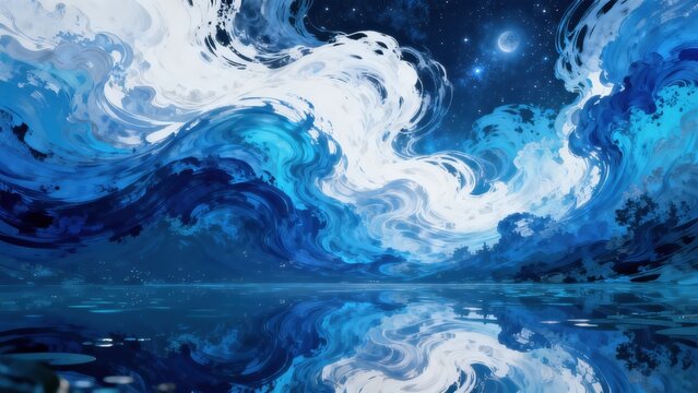 Stylized ocean waves under night sky