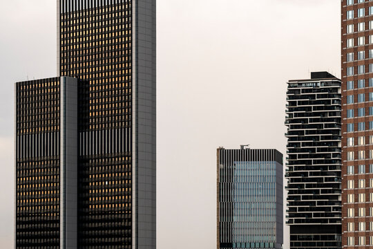 Clean corporate towers and skyscrapers create the Frankfurt Bankenviertel Germany skyline showing banking and finance inside the business district