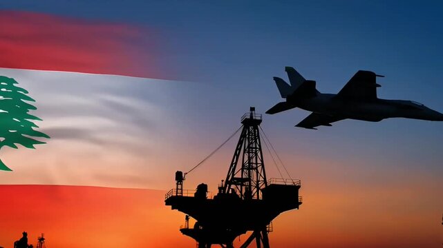 concept of geopolitical tension between israel and lebanon with fighter jet and oil platforms at sunset