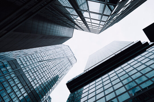 Corporate offices and skyscrapers highlight a banking and finance business district in Frankfurt Bankenviertel Germany with contemporary architecture and scale