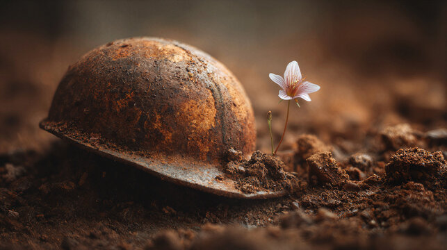 Rusted military helmet half buried in soil with a delicate flower growing nearby