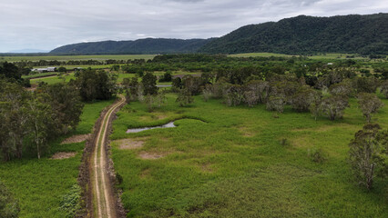 Naklejka premium Aerial View of a Dirt Track Through Lush Farmland in Port Douglas