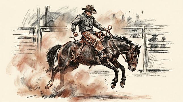 Cowboy riding a bucking horse in rodeo arena with competition outdoors equestrian excitement strength traditional illustration performance livestock agricultural