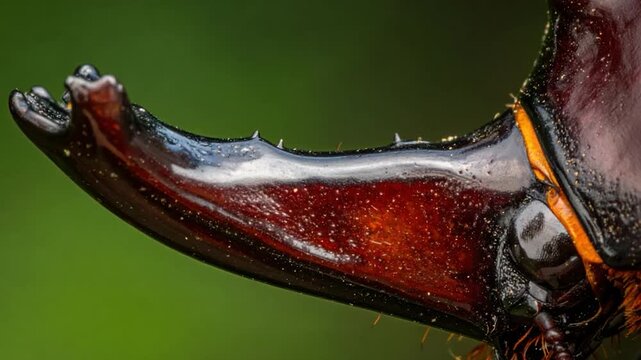 Extreme macro extreme closeup of a dark brown rhinoceros beetle horn with sharp spines nature
