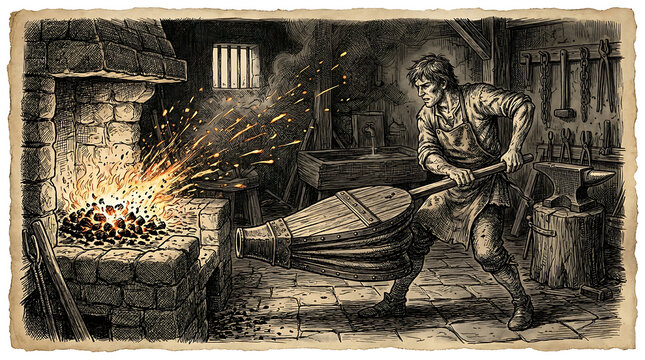 Blacksmith working at forge with glowing metal hot metal manual labor fire hot glowing embers old fashioned blacksmith metalworking smithing craftsmanship traditional historical industry