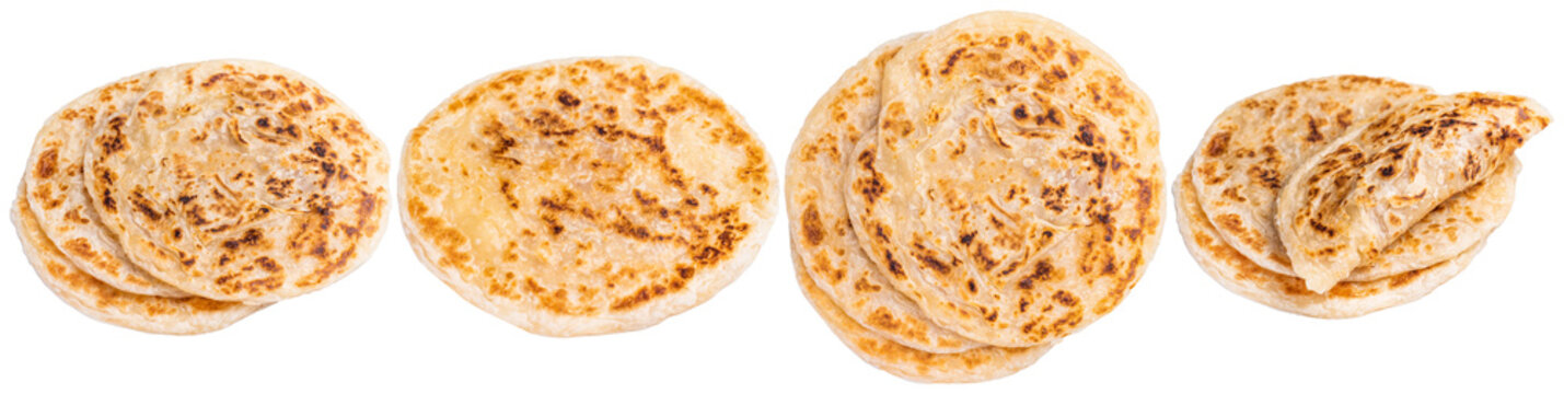 Freshly cooked, flaky layered parotta, a popular Indian flatbread. Isolated still life photograph.