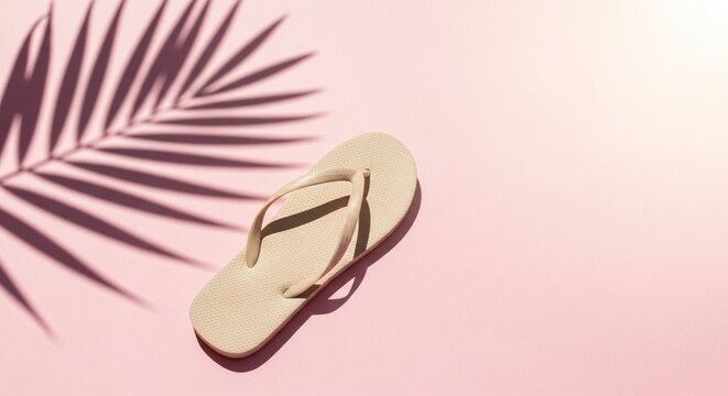 Beige flip flop sandal resting on pink background with palm leaf shadow