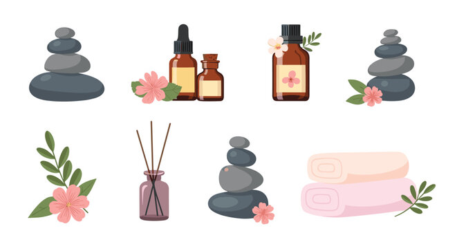 Collection of spa and wellness items including stacked stones, essential oils, and fresh flowers creates a serene atmosphere for health.