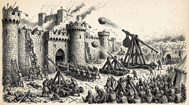 Medieval siege with trebuchets attacking a castle siege engine siege warfare ancient battle war machine stone castle military history army attack historic siege castle defense war strategy