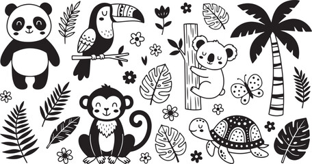 Fototapeta premium Cute jungle animals and tropical leaves illustration in black and white, perfect for kids' designs and educational materials