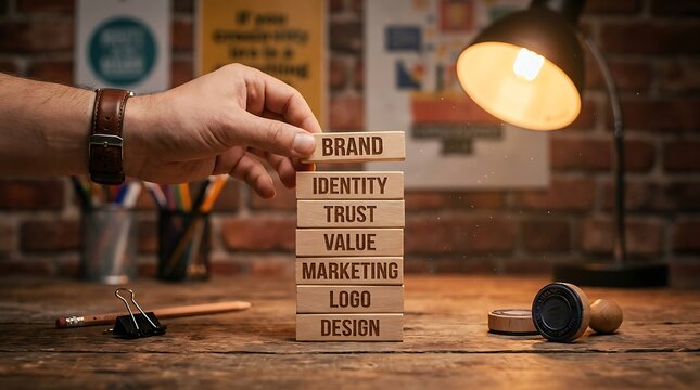 Hand stacking wooden blocks with words BRAND, IDENTITY, TRUST, VALUE, MARKETING, LOGO, DESIGN to build a strong business concept.