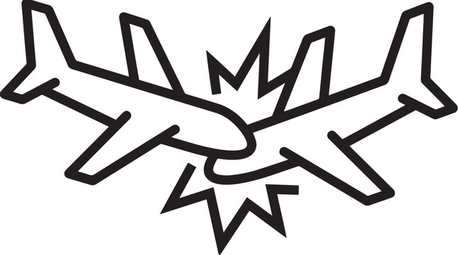 Minimalist vector graphic illustration showing two airplanes colliding in a sharp and simple black outline design