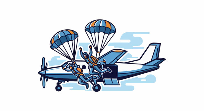 Two skydivers leap from a plane into the sky with parachutes