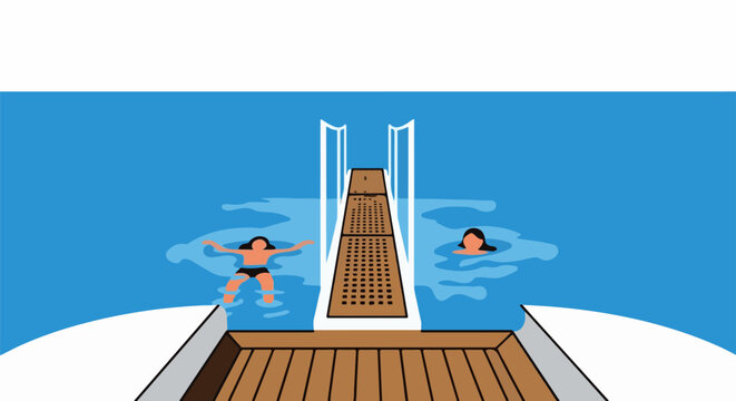 Two people relax in a blue pool with a wooden dock and diving platform