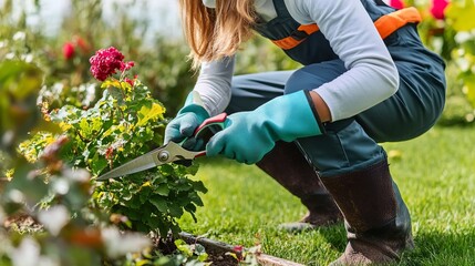Obraz premium Woman Gardener Pruning Roses with Garden Equipment While Designing a Beautiful Floral Bed Landscape