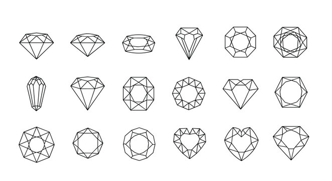Collection of various geometric gem and diamond shapes in black outline style showing different professional cuts and facets.