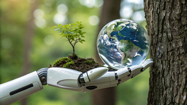 robot hand holding earth with small tree symbolizing eco technology and sustainability