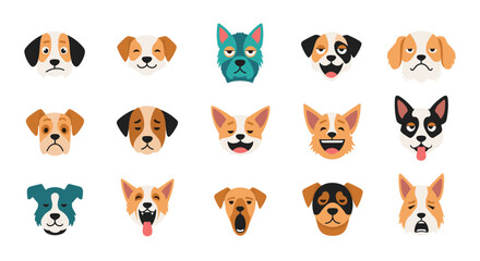 Obraz premium Set of cute cartoon dog faces representing different breeds with various happy, sad, and funny expressions on a white background.