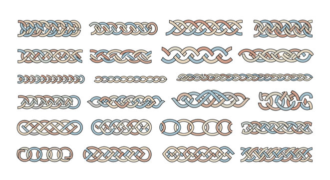 Collection of ancient Celtic knot borders and braided patterns in muted blue, pink, and brown color tones for heritage and celtic designs.