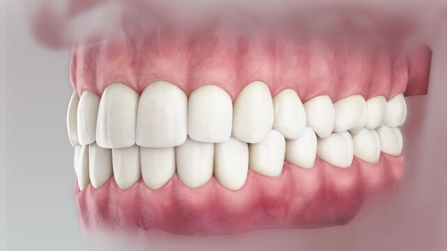 Dynamic flow of active liquid cleans and whitens the teeth. Oral care concept. 3d animation