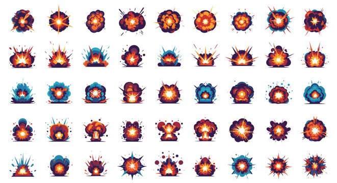 Pixel art explosion effects collection showing various sizes and styles of fiery blasts and smoke for video game development.