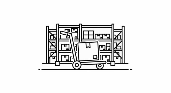 Warehouses with a trolley, boxes stacked on shelves, and a large box